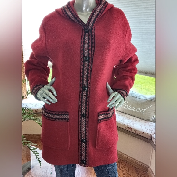 LL Bean Red Wool Hooded Coat Size L - Picture 2 of 7